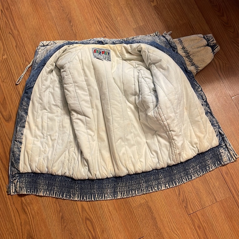 Vintage Acid Wash Denim Tie Dye Lace Quilted Puffer Stand Collar Jacket - Picture 10 of 12